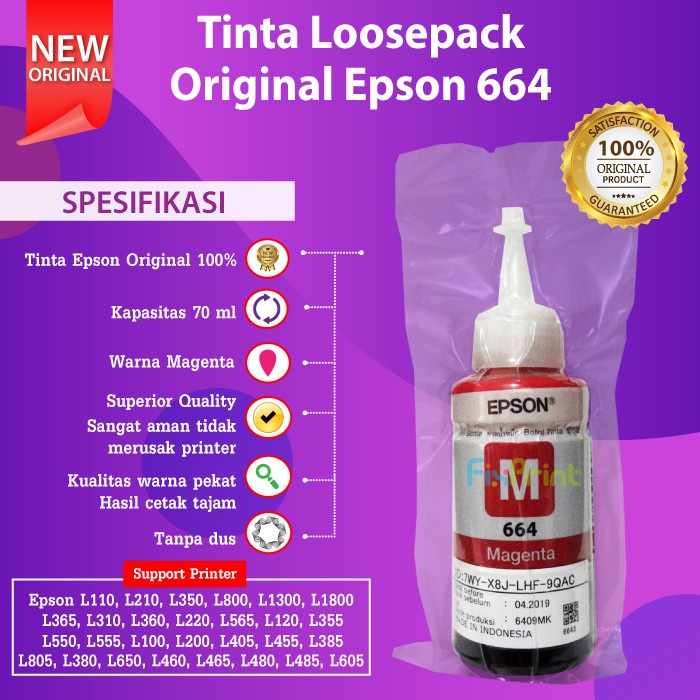 Tinta Epson 664 Original 70ml Printer L550 L555 L565 L1300 L1455 L120 L360 Black Cyan Magenta Yellow