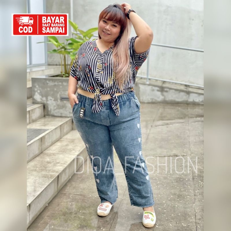 Celana Baggy Jeans Jumbo 3XL Love Pants Wanita Celana Korean Style Terbaru