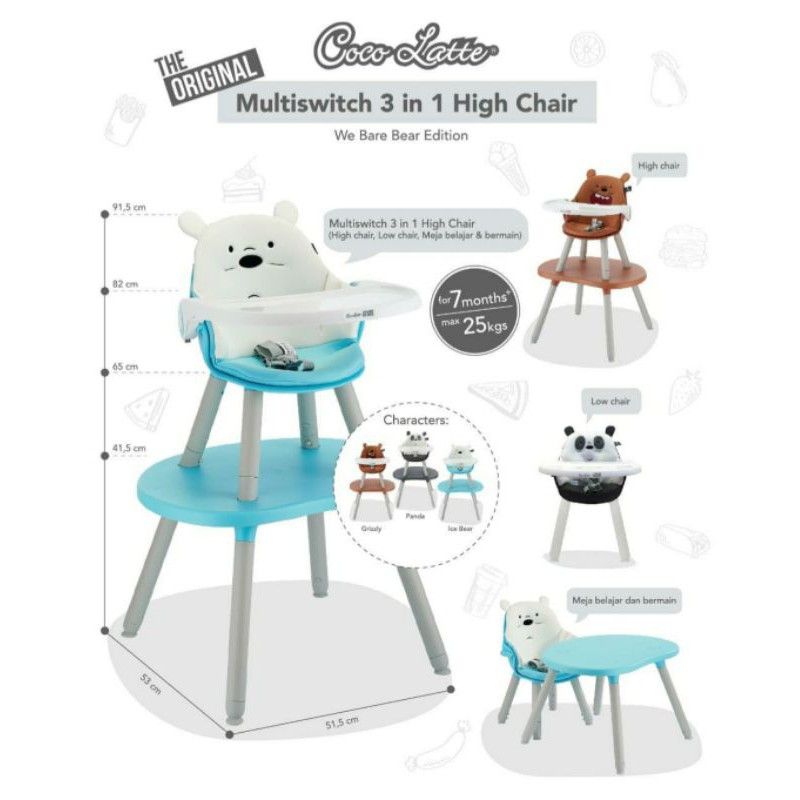 Cocolatte Multi Switch 3in1 We Bare Bears bear High Chair WBB Kursi Makan Bayi Makassar