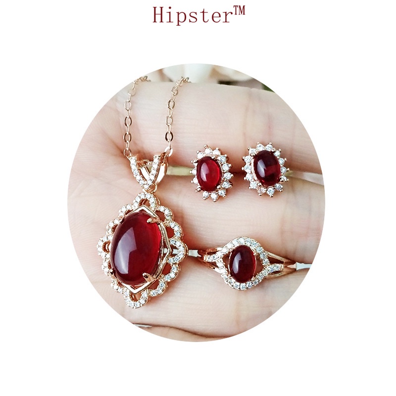 Elegant Hot Sale Natural Ruby Jewelry Set Ear Stud and Ring Necklace Three-Piece Set