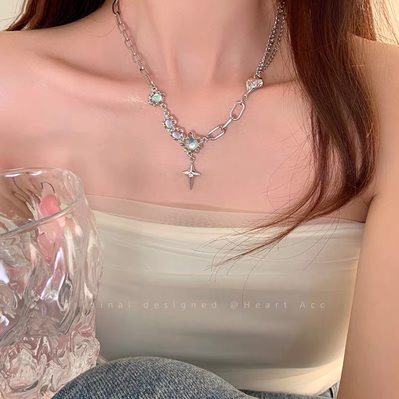 Kalung Choker Rantai Silver Hias Batu Bulan Bintang Untuk Wanita