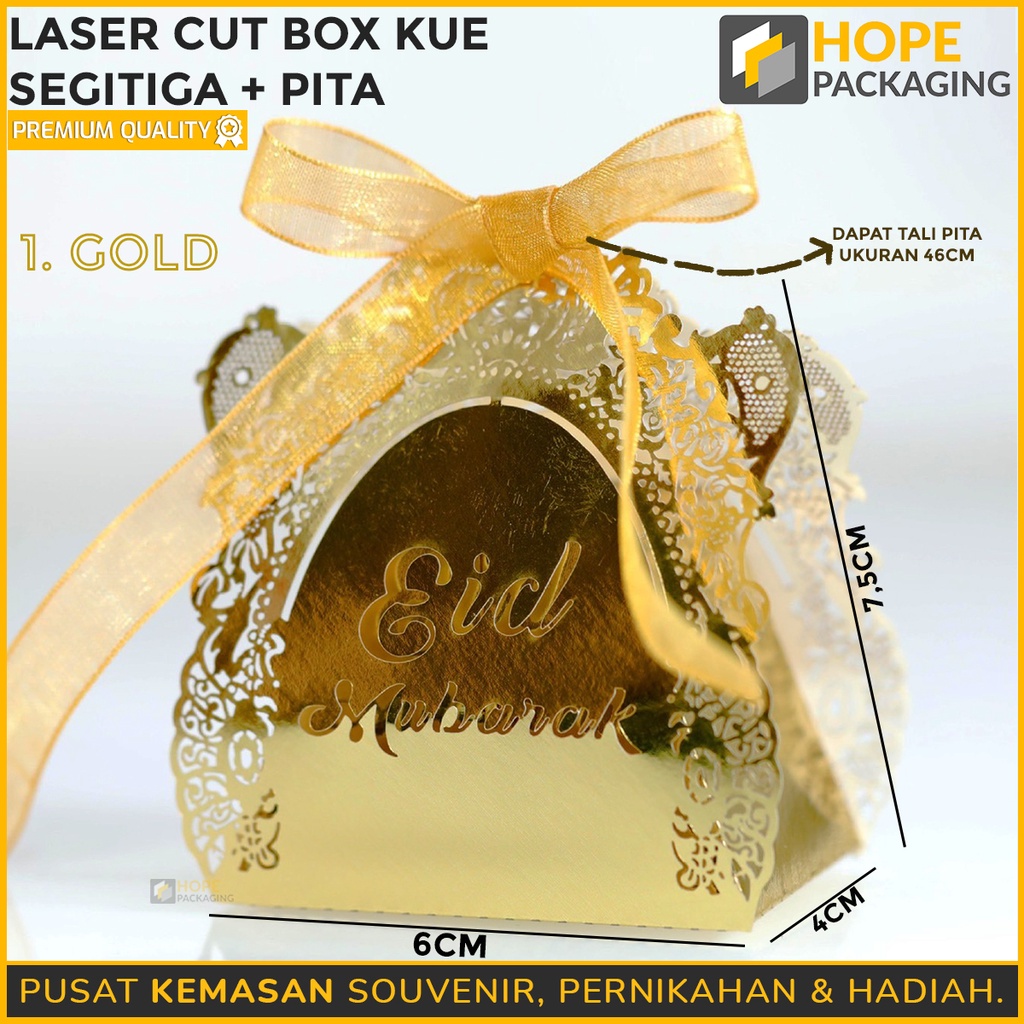 Lasercut Box Kue Segitiga Plus  Pita Gift Box Candy Eid Mubarak Lebaran  Ukuran 6x4x7.5cm