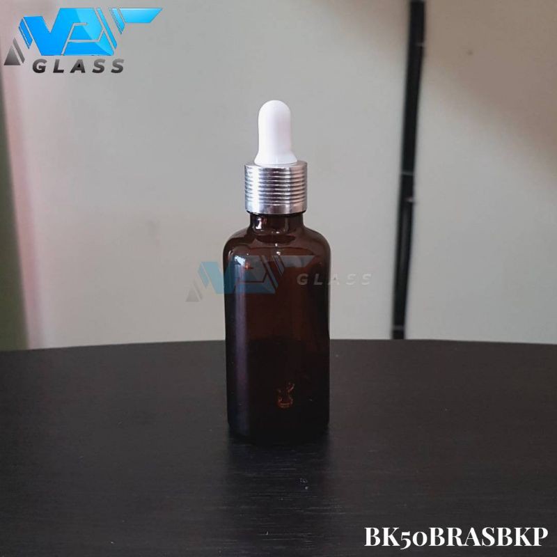 botol kaca pipet 50ml amber / coklat / botol tetes 50ml - ring almunium silver bergaris