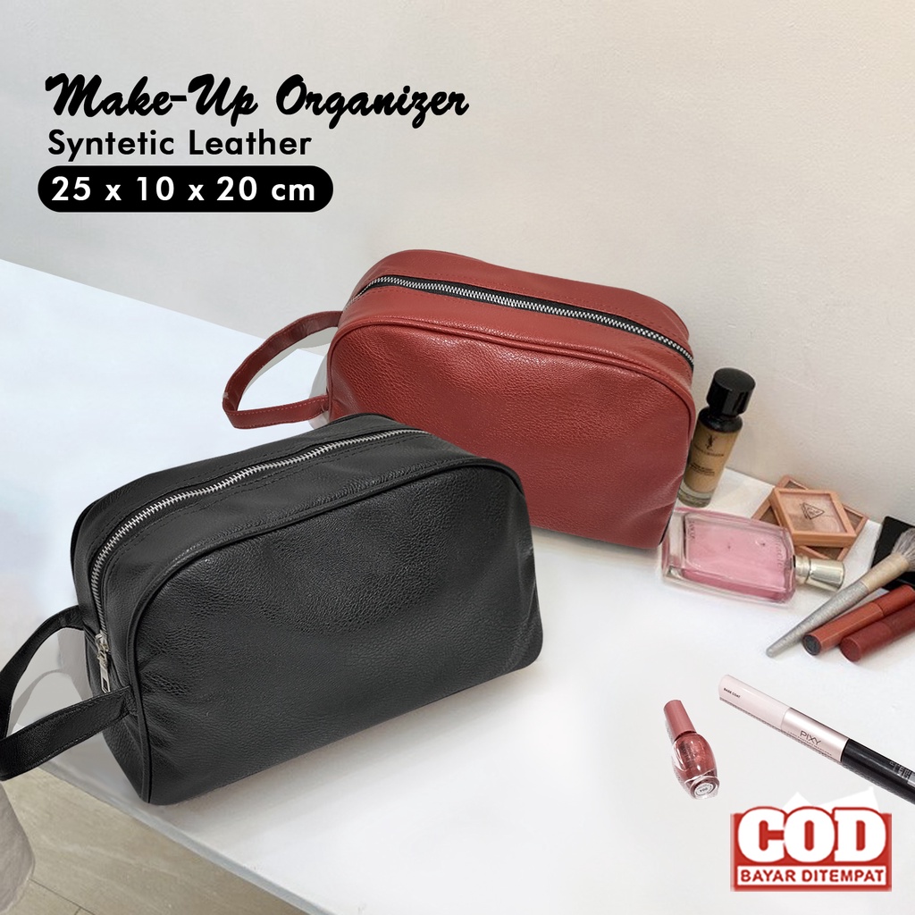 Tempat Kosmetik Wanita Kulit Sintetis Polos Pouch Make Up Murah Travel Bag Organizer Cewek Terbaru