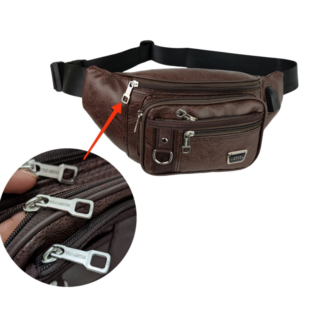 Waistbag Tas Pinggang Kulit PU Leather Original Polo Amstar FREE USB