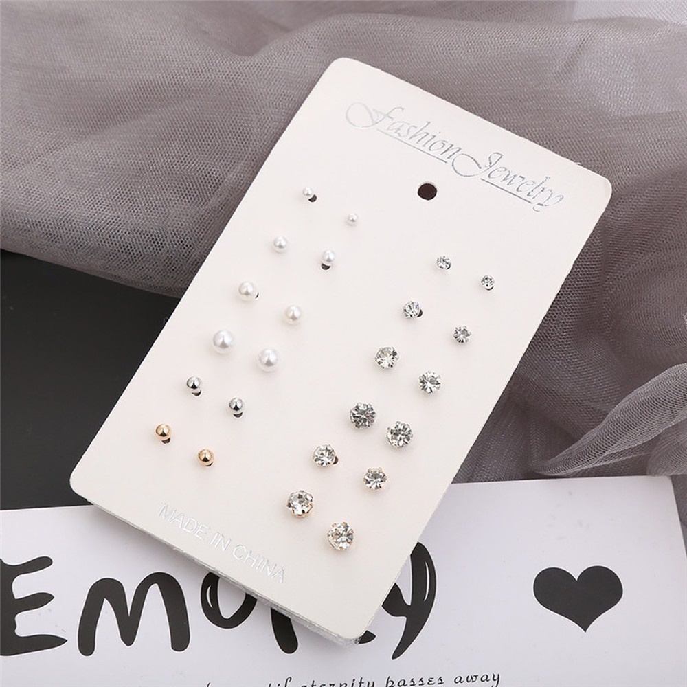 12 Pasang / Set Anting Tusuk Desain Bola Mutiara Berlian Kecil Warna Emas / Silver Untuk Wanita