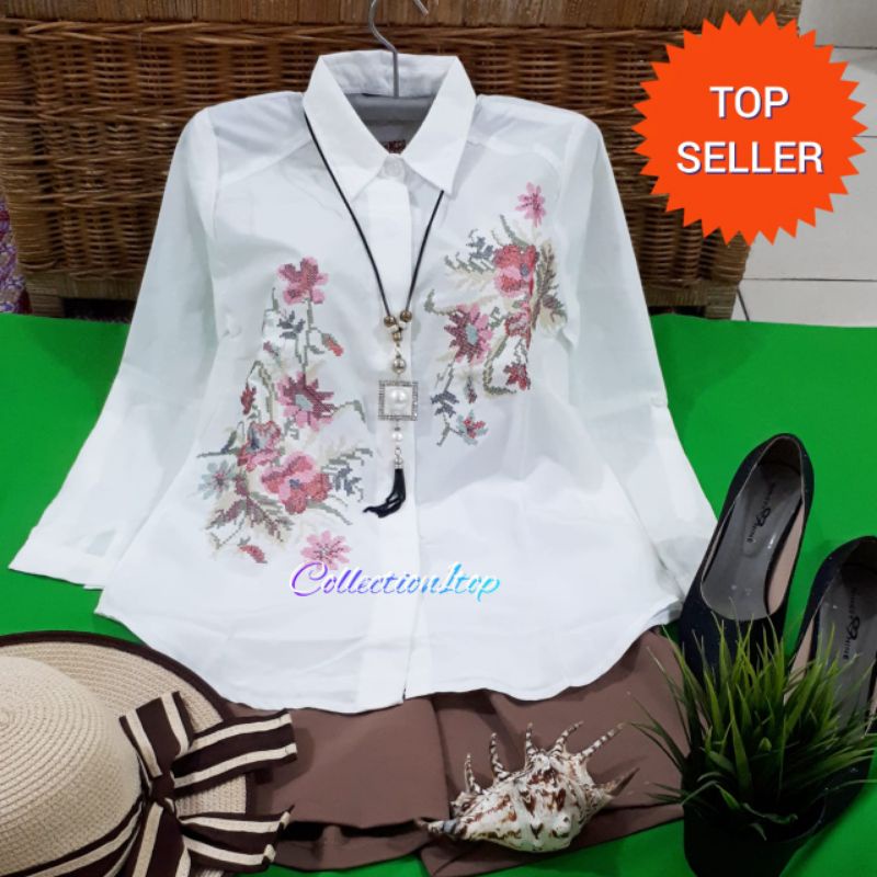 KEMEJA WANITA BORDIR BUNGA STRIMIN SULAM PAKAIAN CEWEK FASHION KANTOR IMPORT IMS-15