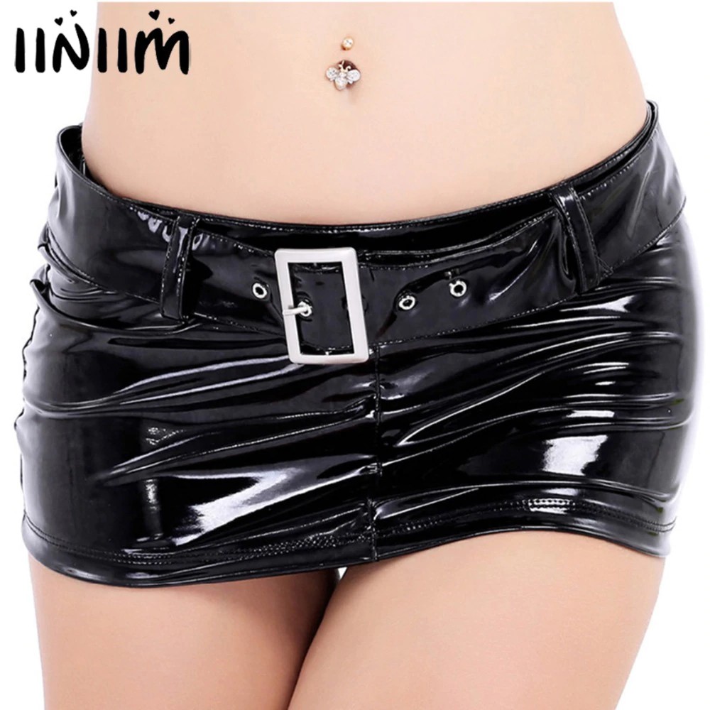 Black Women Wetlook Sexy Costume Party Skirt Patent Leather Short Mini Skirt with Waist