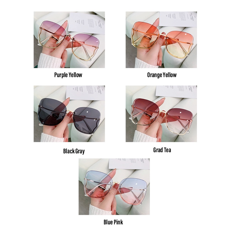 Kacamata Hitam Oversize Rimless Model Butterfly Gradasi Bahan Metal Untuk Wanita