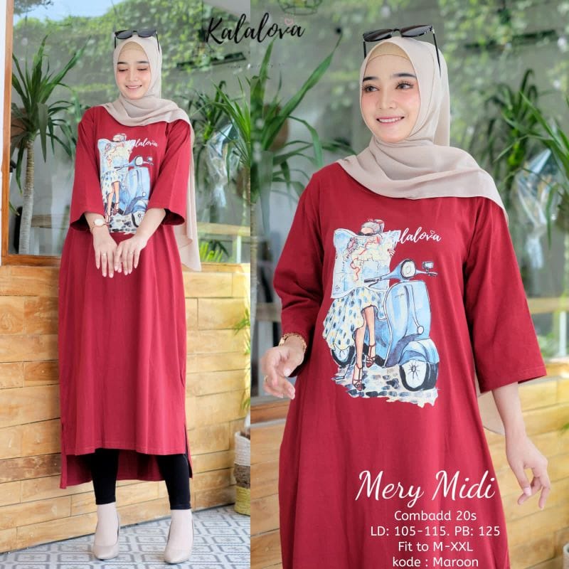 Mery Midi Dress Muslim Gamis Kaos Wanita Mini Dress Korea Ootd Kekinian Baju Wanita Jumbo Bahan Combed Aplikasi Sablon