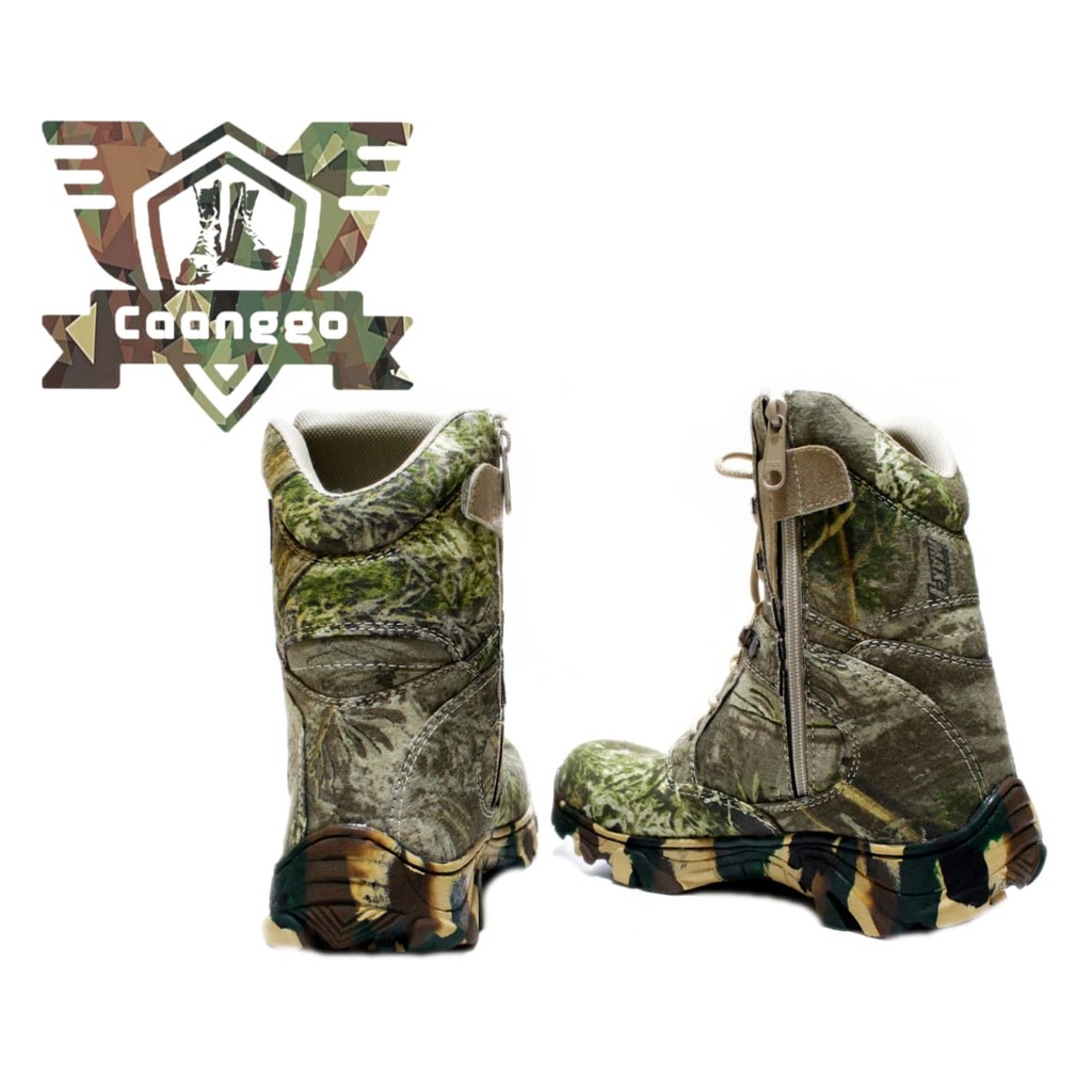 SEPATU SAFETY BOOTS MODEL CAMO HUNTING/BERBURU,SAFETY UJUNG BESI,TINGGI 8INC