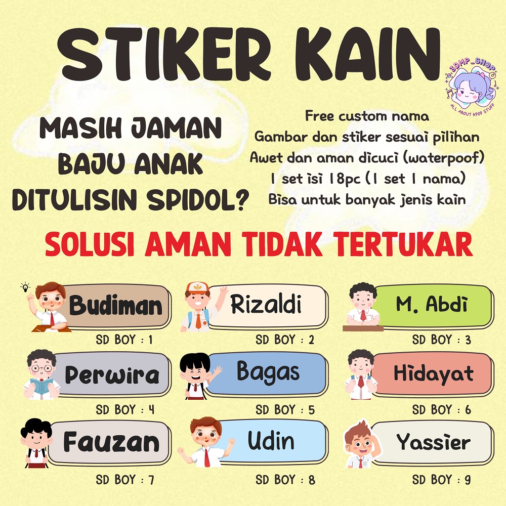 Stiker nama kain baju custom label sablon setrika laki laki pria anak muslim sd sekolah pondok  tk fullday scholl