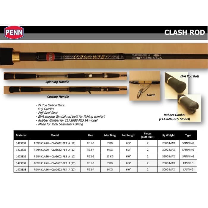 Penn Clash Pe 1-3 Spinning Rod Clas632 Max Drag 7 Kg Joran Pancing