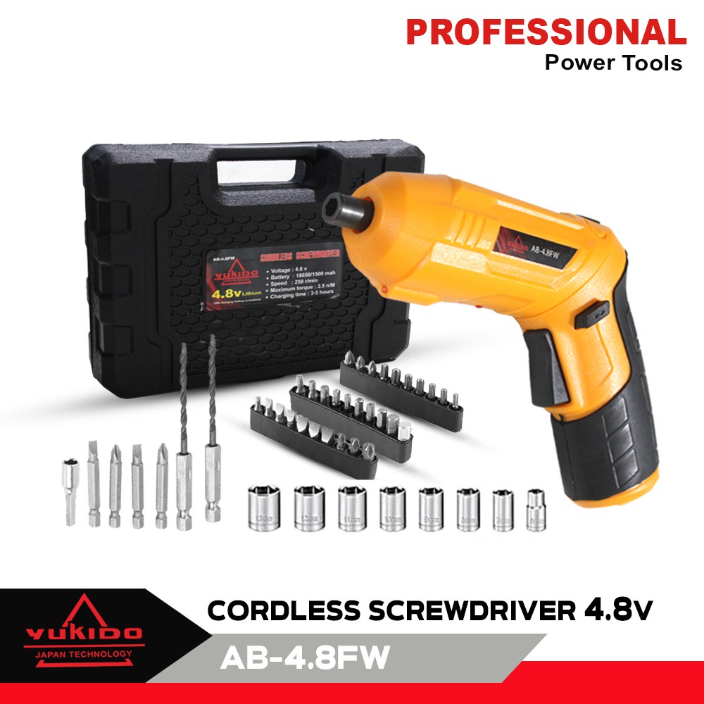 MURAH!!! Bor baterai cas YUKIDO kuning mesin bor Cordless mini Screw Driver set 47pcs Mesin Bor Tangan Obeng Baterai 4.8V