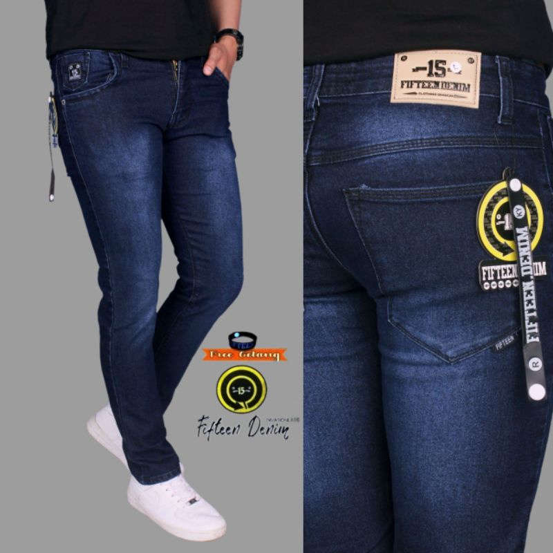 Celana Pria Jeans Premium Original Fifteen Denim Plain Black Jeans Strech Karet Ngaret