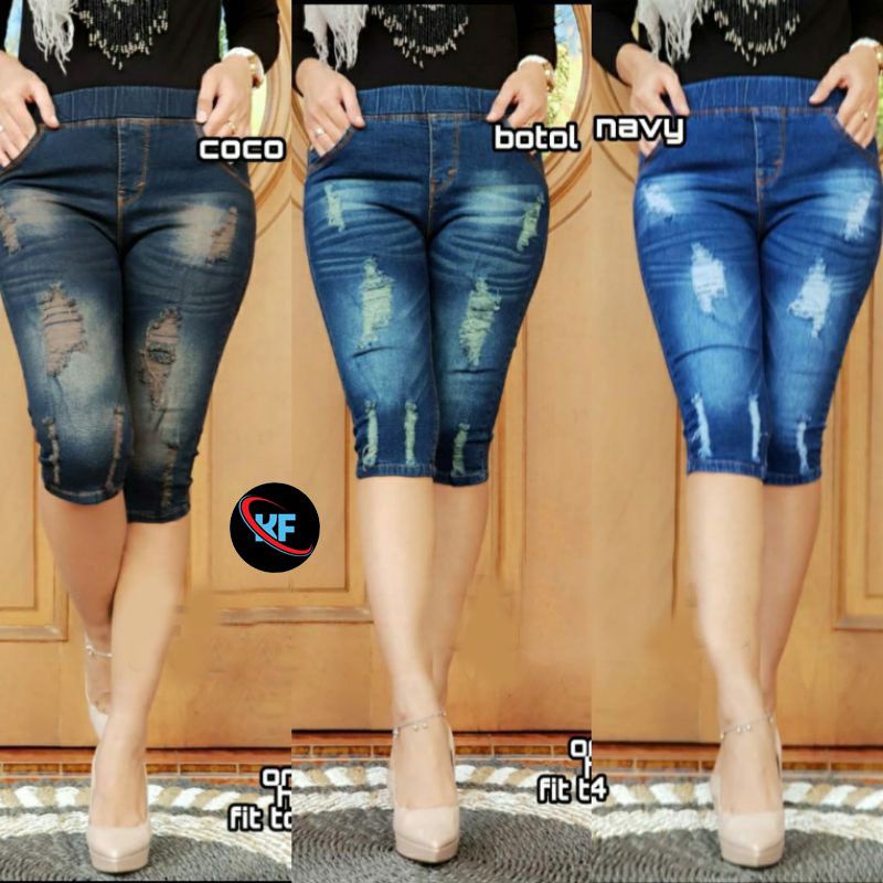 CELANA JEANS PENDEK WANITA 7/8 LIST LEGGING JEANS PINGGANG COLOR RIP