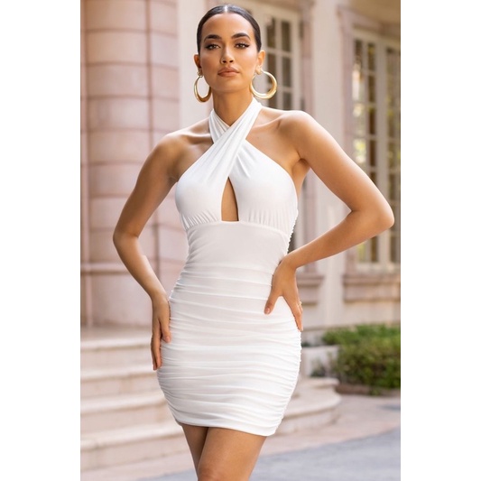 (TIDAK MENERAWANG) Delio dress premium spandex Double layer bodycon dres mini wanita murah-White