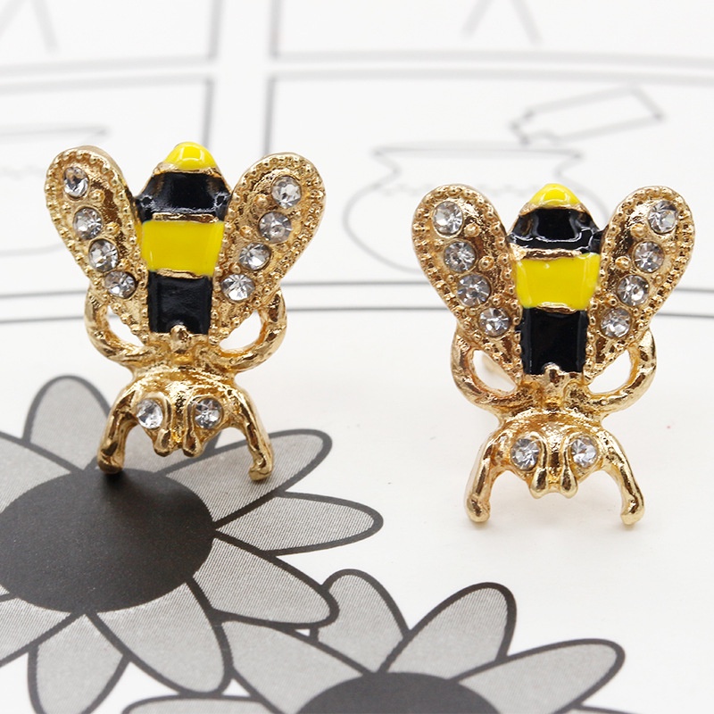 Korean version of ear jewelry fashion sweet temperament colorful glaze dripping oil diamond bee earrings rhinestone earrings