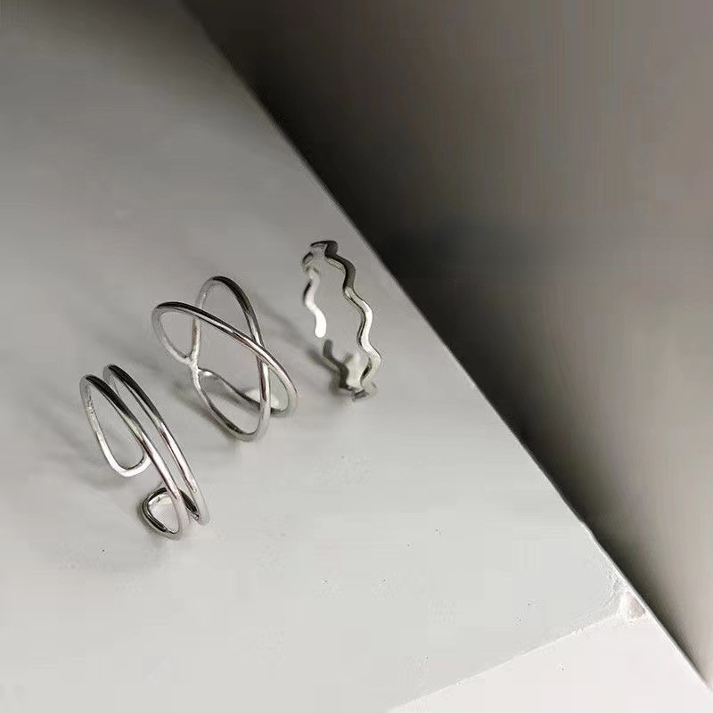 3pcs / Set Cincin Bahan Alloy Warna Silver Desain Ombak Gaya Trendy Untuk Wanita