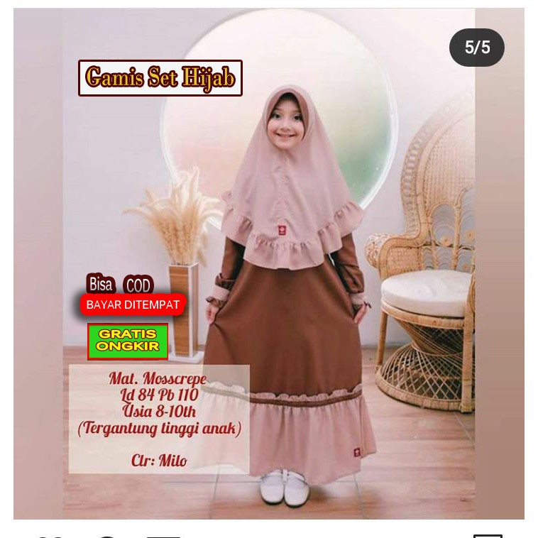 Setelan Baju Muslim Kelas SD Anak Perempuan Set Hijab Kerudung Gamis 8 9 10 Tahun Murah Hadiah Kado