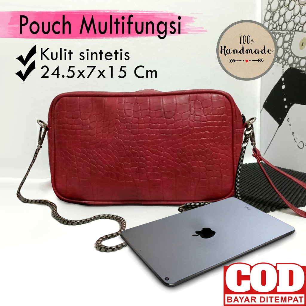 Travel Bag Wanita Tali Rantai Pouch Kosmetik Cewek Kulit Sintetis Croco Tas Organizer make Up Murah