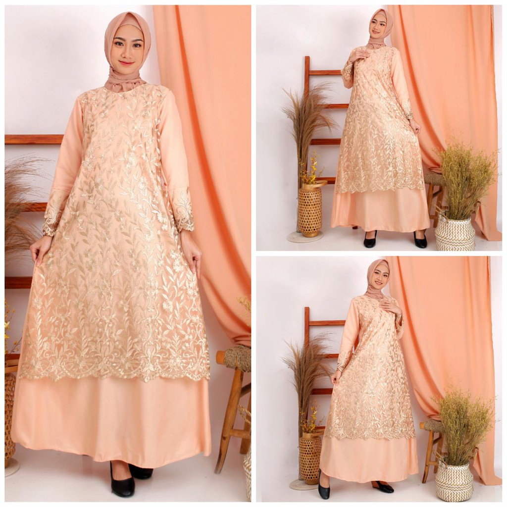 Gamis Brukat Selma Tille Bordir Mix Moscrepe Premium Gamis Pesta Tulle Maxi Dress Fashion Muslim