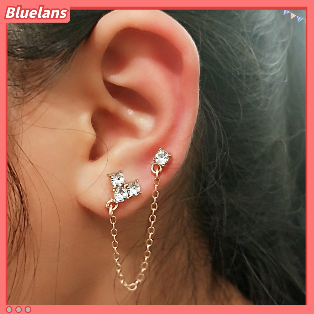 1 Pc Anting Stud Rantai Berlian Imitasi Bentuk Hati Ganda Warna Emas