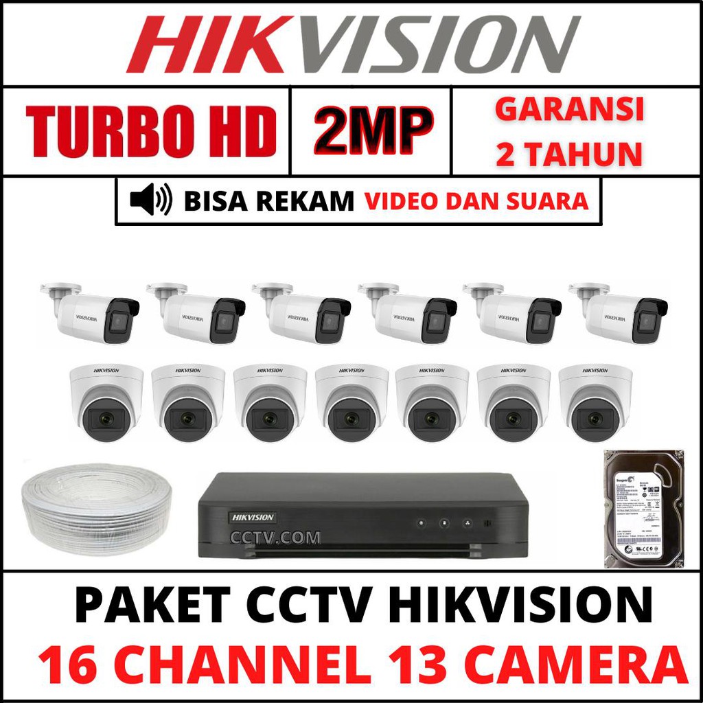 PAKET CCTV HIKVISION 16 CHANNEL 13 KAMERA 2MP TURBO HD/AUDIO SERIES  1080P KOMPLIT TINGGAL PASANG