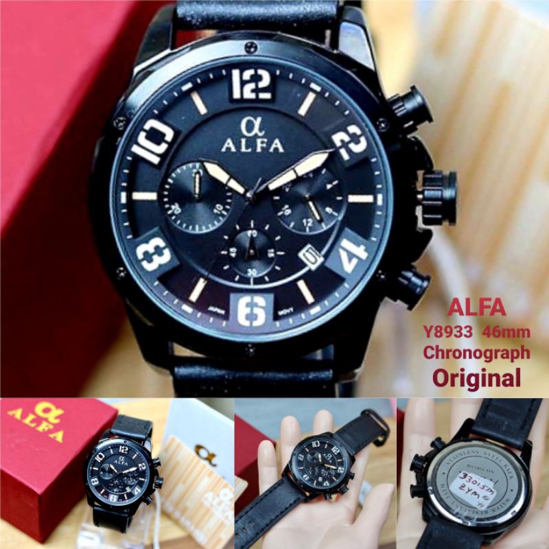 Jam Tangan Pria ALFA Y8933 Japan Chronograph Movement Tali Kulit 46mm Original Waterproof