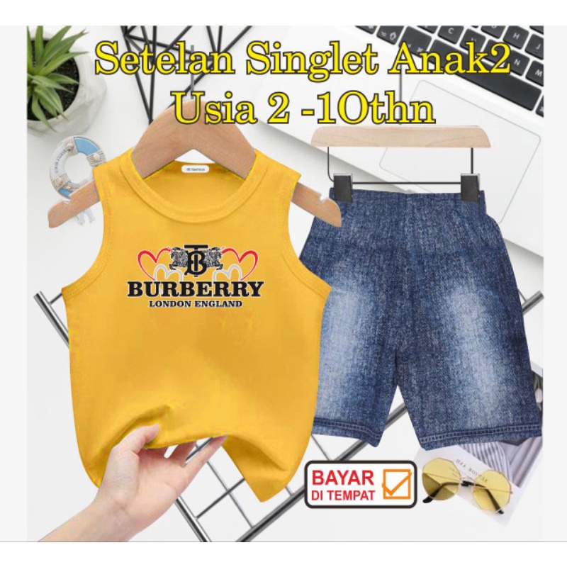 ((IB))SETELAN SINGLET ANAK SEMI JEANS/BUR83RY DIGITAL SABLON