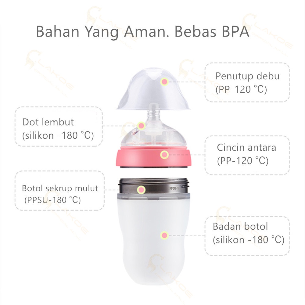 Baby Botol susu bayi Silikon Leher Lebar (WIDE NECK) Warna Coklat / Botol Bayi dengan sedotan NEW