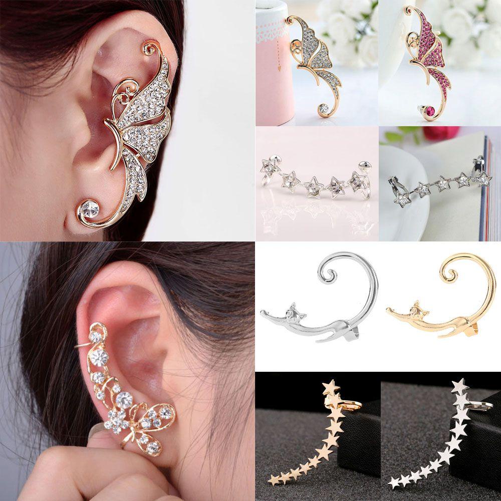 Suyo 1PC/1pasang Kupu-Kupu Klip Anting Fashion Perhiasan Wanita Gadis Punk Bungkus Tulang Rawan Bling Bling Kristal Telinga Stud