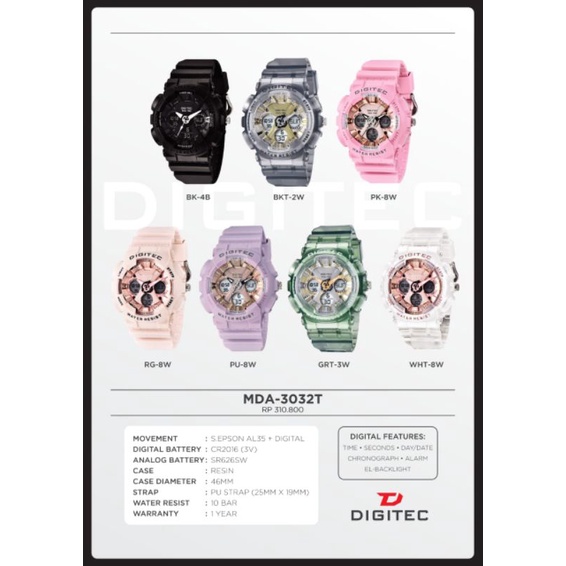 JAM TANGAN WANITA DIGITEC DA 3032 DIGITEC 3032 ORIGINAL TAHAN AIR STRAP RUBBER