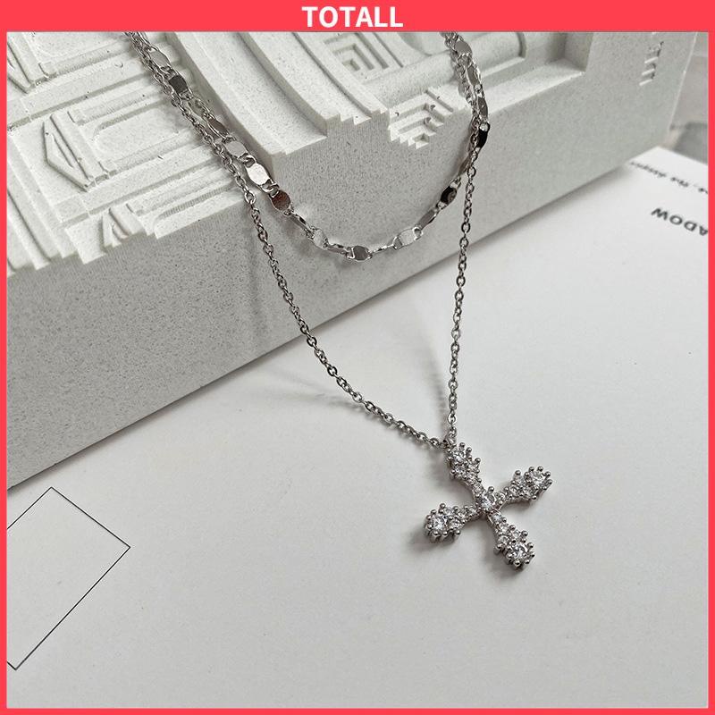 COD Hip Hop Cross Double Layer Necklace Feminin Fashion Micro Inlaid Zircon Pendant-Totall