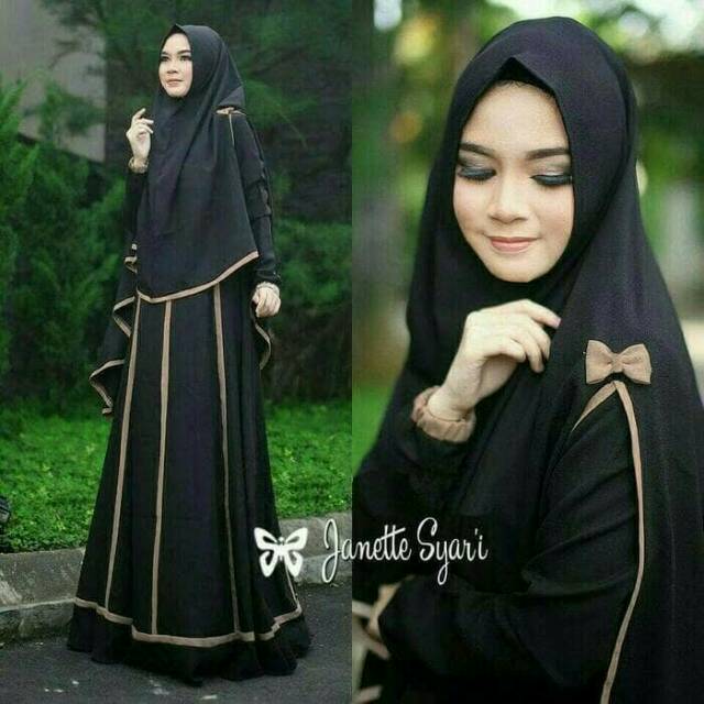 Baju Muslim Wanita Gamis Janetta Syari Busana Lebaran Motif Polos Warna Hitam