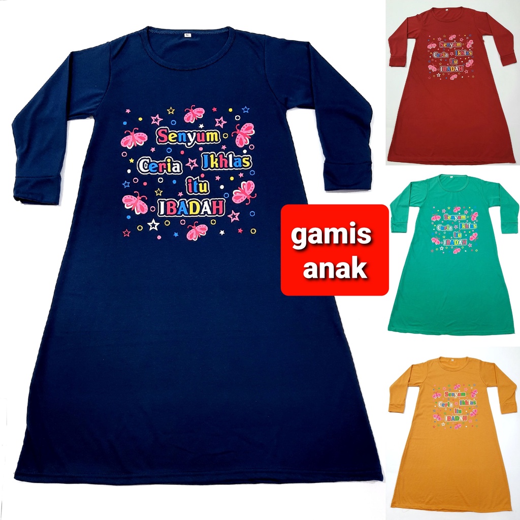 gamis anak muslim perempuan 1-11 tahun kaos tangan panjang cewek hijab senyum ceria grosir