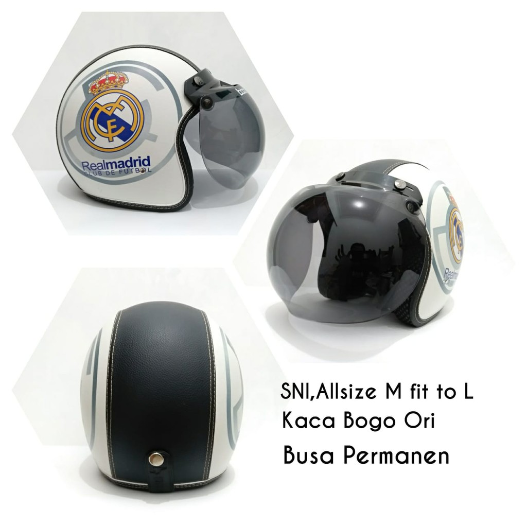 Helm Bogo FullPrint Motif Bola,Helm Bogo Real Madrid Putih+Kaca Bogo Import Original