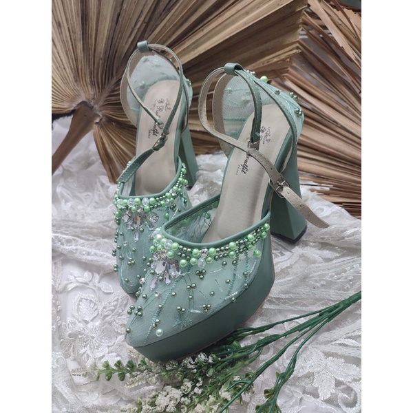 sepatu wanita wedding Zaneta sage green tali 12cm tahu