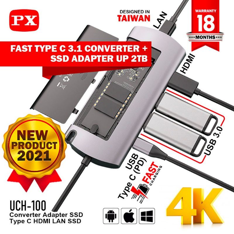 Type C to HDMI LAN USB 3.0 SSD 2TB Adapter 6 In 1 PX UCH-100