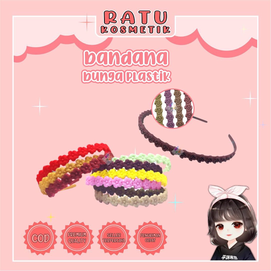 ❤ RATU ❤ Bando Mutiara Bunga | Bandana Scrunchie Kerut | Hitam Polos Wanita Korea Viral