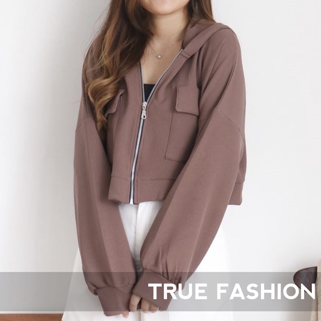 Jaket Crop Wanita Andin - Korean Crop Jacket Pocket Zipper - Atasan Viral Wanita - Jacket Cropped Wanita | Bahan Fleece | Allsize-2