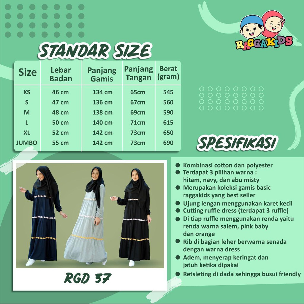 Gamis Anak Perempuan Remaja Tanggung Dewasa Couple Terbaru Branded Bahan Kaos Nyaman Adem Raggakids RG 37