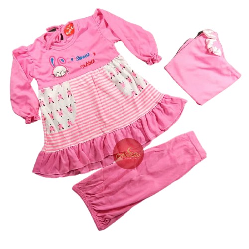 Set Baju Muslimah + Kerudung Anak Usia 3bln-2 Tahun, Gamis Lebaran Bayi Lucu Lembut Murah
