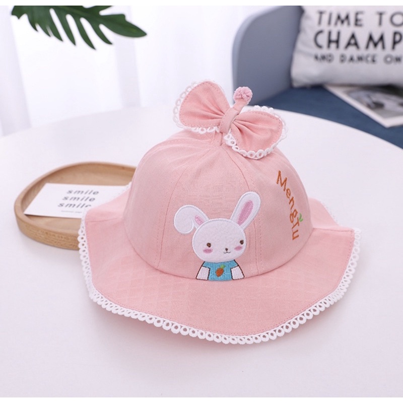 Topi Bucket Anak Bayi Model Rabbit Mengdu Bahan Jaring Musim Panas-Pink