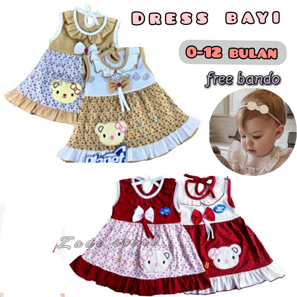 Dress bayi FREE BANDO Planet kidz 0-12 bulan baju bayi newborn tanpa lengan baju anak perempuan rok bayi daster anak gaun pesta bear ootd bayi lengan kutung