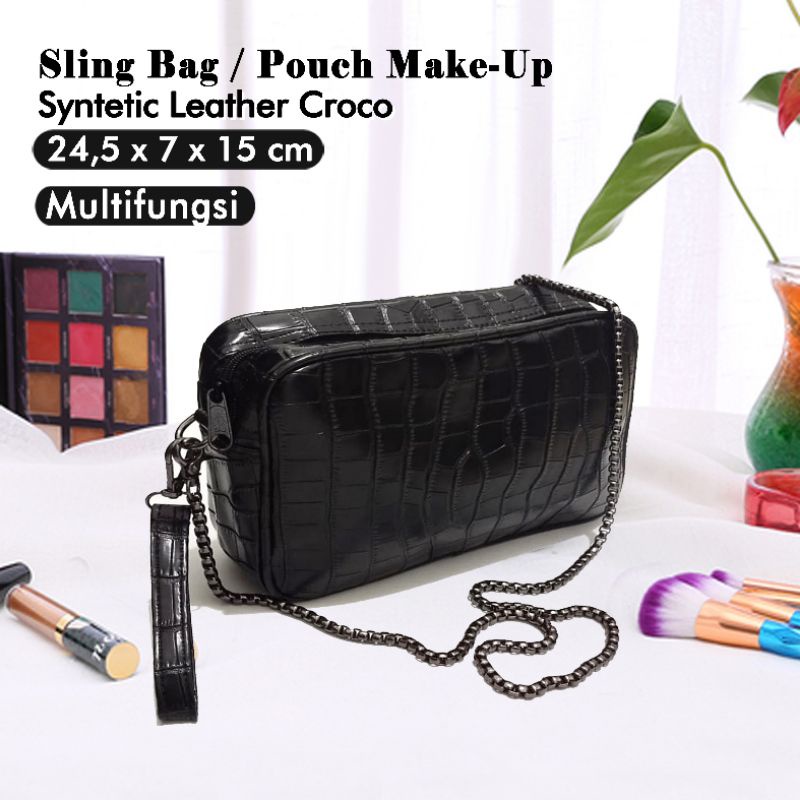 Tas Make Up Kosmetik Motif Kulit Tali Rantai Hitam Kekinian Terbaru