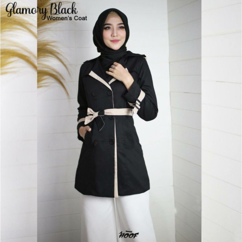 COAT WANITA GLAMORY BLACK - Jaket Panjang Cewek Hitam Casual Belt Keren Harian Kerja Long Blazer