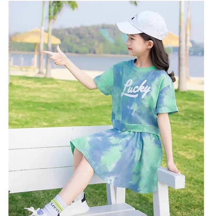 LUCKY SET BAJU SETELAN ANAK REMAJA CEWEK FASHION SPORT CASUAL TIE DYE ALA KOREA SPORTY GOLF