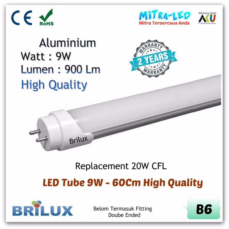 LED NEON HIGH GRADE T8 TUBE 9W 60CM BRILUX GARANSI 1 TAHUN -B14