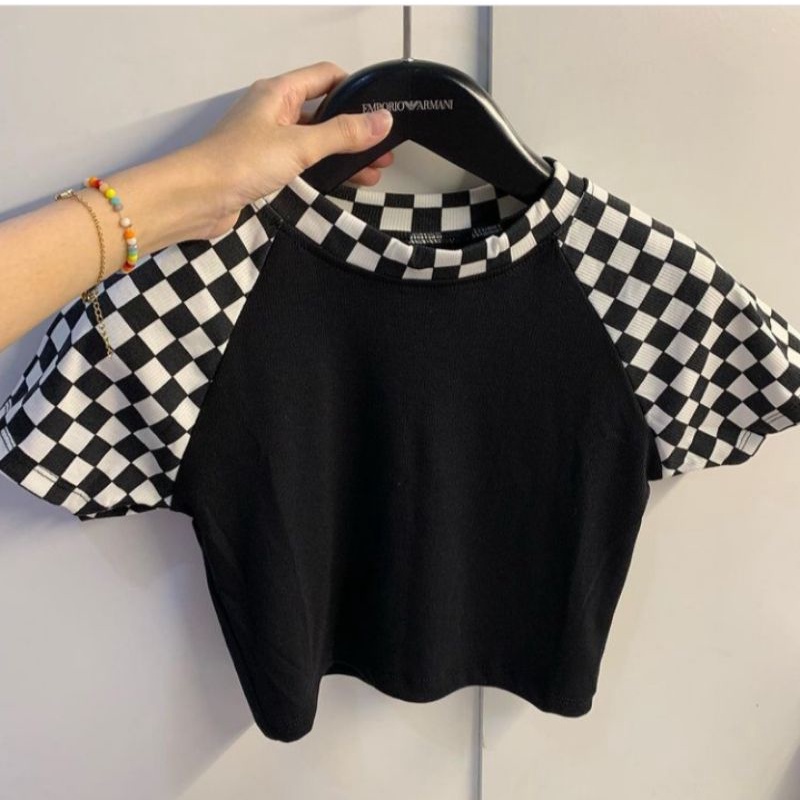 IL - Black Chess Crop Top Rib Checker Catur Combination / Crop Tee Korean Style